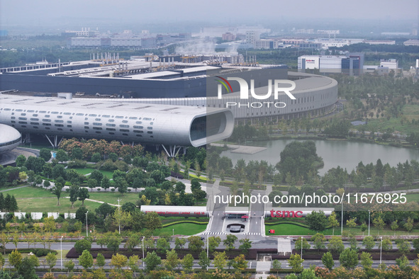 An aerial photo shows the Taiwan Semiconductor Manufacturing Company (TSMC) in Nanjing, Jiangsu province, China, on October 18, 2024. 