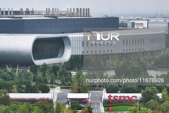 An aerial photo shows the Taiwan Semiconductor Manufacturing Company (TSMC) in Nanjing, Jiangsu province, China, on October 18, 2024. 