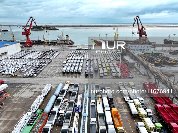 A large number of vehicles collect for shipment at the port of Lianyungang in Jiangsu province, China, on October 18, 2024. 