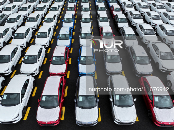 A large number of vehicles collect for shipment at the port of Lianyungang in Jiangsu province, China, on October 18, 2024. 