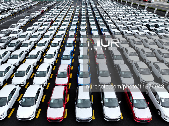 A large number of vehicles are collected for shipment at the port of Lianyungang in Jiangsu province, China, on October 18, 2024. 