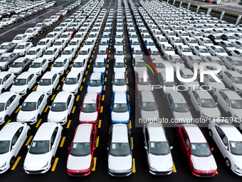 A large number of vehicles are collected for shipment at the port of Lianyungang in Jiangsu province, China, on October 18, 2024. (