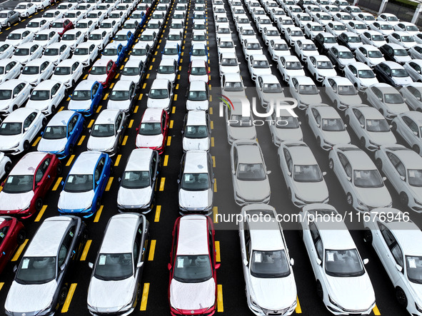 A large number of vehicles are collected for shipment at the port of Lianyungang in Jiangsu province, China, on October 18, 2024. 