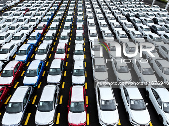 A large number of vehicles are collected for shipment at the port of Lianyungang in Jiangsu province, China, on October 18, 2024. (