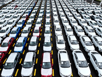 A large number of vehicles are collected for shipment at the port of Lianyungang in Jiangsu province, China, on October 18, 2024. (