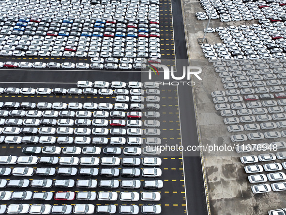 A large number of vehicles are collected for shipment at the port of Lianyungang in Jiangsu province, China, on October 18, 2024. 