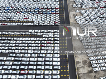 A large number of vehicles are collected for shipment at the port of Lianyungang in Jiangsu province, China, on October 18, 2024. (