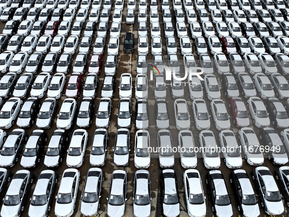 A large number of vehicles are collected for shipment at the port of Lianyungang in Jiangsu province, China, on October 18, 2024. 