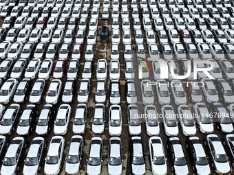 A large number of vehicles are collected for shipment at the port of Lianyungang in Jiangsu province, China, on October 18, 2024. (