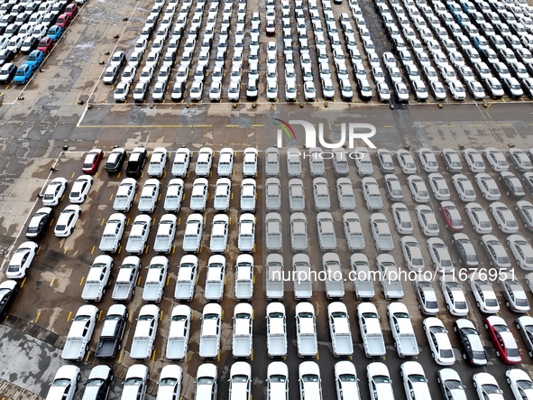 A large number of vehicles are collected for shipment at the port of Lianyungang in Jiangsu province, China, on October 18, 2024. 