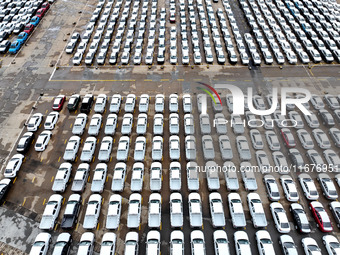 A large number of vehicles are collected for shipment at the port of Lianyungang in Jiangsu province, China, on October 18, 2024. (