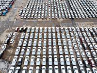 A large number of vehicles are collected for shipment at the port of Lianyungang in Jiangsu province, China, on October 18, 2024. (