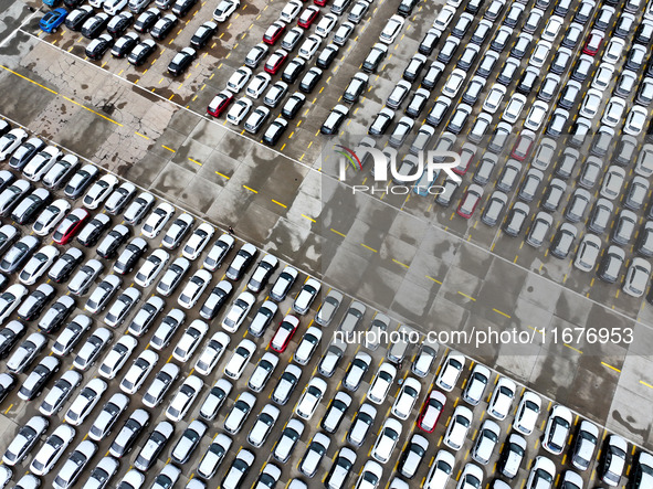 A large number of vehicles are collected for shipment at the port of Lianyungang in Jiangsu province, China, on October 18, 2024. 