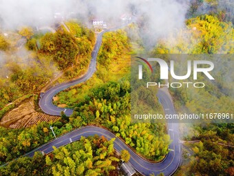 Autumn scenery is seen on a winding road in Xiangchang town, Yuexi County, Anqing city, Anhui province, China, on October 18, 2024. (