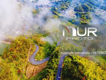 Autumn scenery is seen on a winding road in Xiangchang town, Yuexi County, Anqing city, Anhui province, China, on October 18, 2024. (