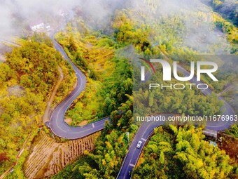 Autumn scenery is seen on a winding road in Xiangchang town, Yuexi County, Anqing city, Anhui province, China, on October 18, 2024. (