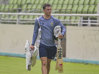 South African cricketer Dewald Brevis attends a practice session at the Sher-e-Bangla National Cricket Stadium in Dhaka, Bangladesh, on Octo...