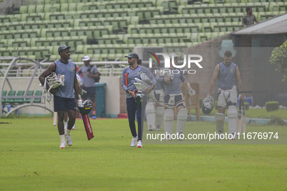 South Africa players attend a practice session at the Sher-e-Bangla National Cricket Stadium in Dhaka, Bangladesh, on October 18, 2024, ahea...