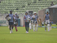 South Africa players attend a practice session at the Sher-e-Bangla National Cricket Stadium in Dhaka, Bangladesh, on October 18, 2024, ahea...