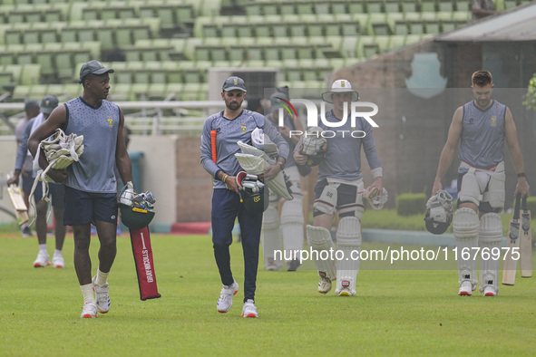 South Africa players attend a practice session at the Sher-e-Bangla National Cricket Stadium in Dhaka, Bangladesh, on October 18, 2024, ahea...