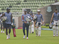 South Africa players attend a practice session at the Sher-e-Bangla National Cricket Stadium in Dhaka, Bangladesh, on October 18, 2024, ahea...