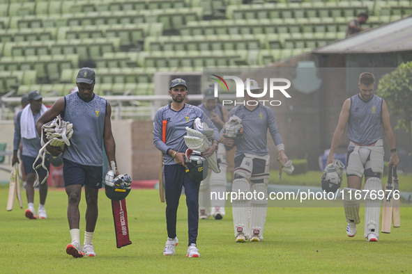 South Africa players attend a practice session at the Sher-e-Bangla National Cricket Stadium in Dhaka, Bangladesh, on October 18, 2024, ahea...