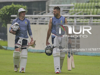 South African cricketers Matthew Breetzke (left) and captain Aiden Markram attend a practice session at the Sher-e-Bangla National Cricket S...