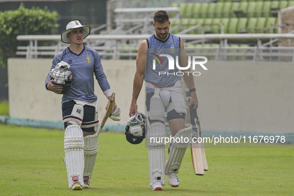 South African cricketers Matthew Breetzke (left) and captain Aiden Markram attend a practice session at the Sher-e-Bangla National Cricket S...