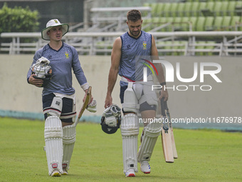 South African cricketers Matthew Breetzke (left) and captain Aiden Markram attend a practice session at the Sher-e-Bangla National Cricket S...