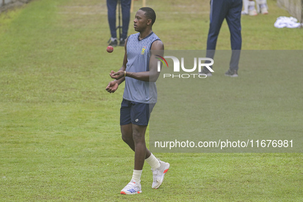 South African cricketer Kagiso Rabada attends a practice session at the Sher-e-Bangla National Cricket Stadium in Dhaka, Bangladesh, on Octo...