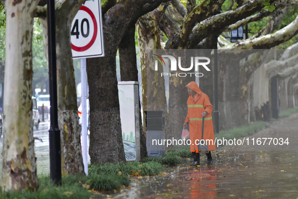 A sanitation worker braves rain to clean up garbage on a street in Qingzhou, China, on October 18, 2024. 