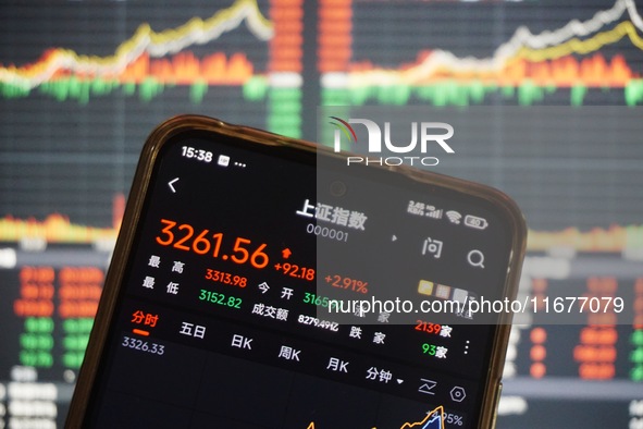 In Hangzhou, China, on October 18, 2024, a stockholder's mobile phone shows China's Shanghai Composite Index rising. 