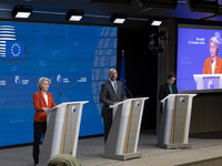 President of the European Commission Ursula von der Leyen at a joint press conference with President of the European Council Charles Michel...