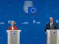 President of the European Commission Ursula von der Leyen at a joint press conference with President of the European Council Charles Michel...