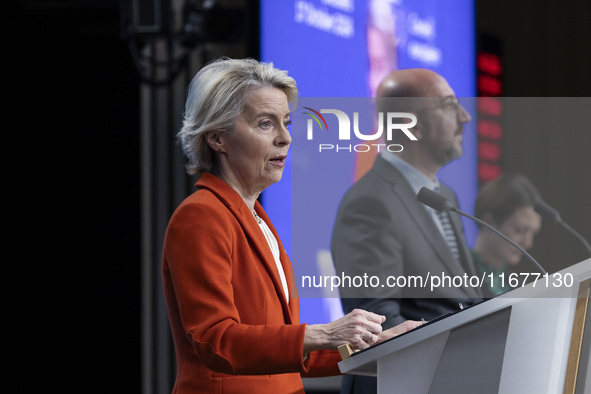 President of the European Commission Ursula von der Leyen at a joint press conference with President of the European Council Charles Michel...