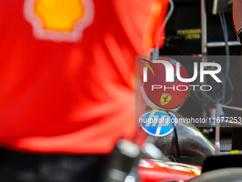 The F1 Scuderia Ferrari logo is displayed during the Formula 1 Pirelli United States Grand Prix 2024 in Austin, USA, on October 17, 2024. (