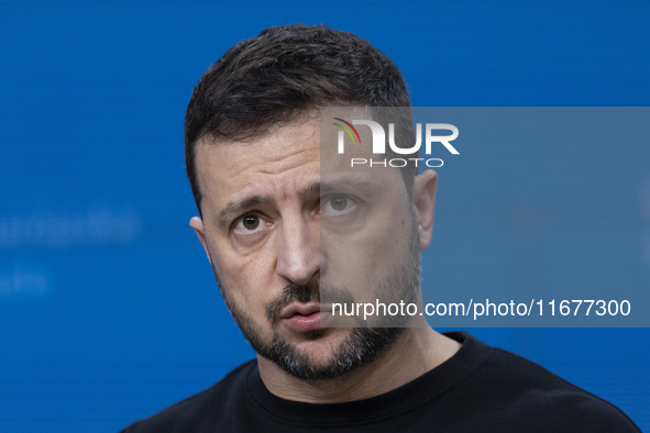 President of Ukraine Volodymyr Zelenskyy addresses a press conference during his visit at the European Council Summit, the EU leaders meetin...