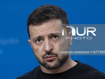 President of Ukraine Volodymyr Zelenskyy addresses a press conference during his visit at the European Council Summit, the EU leaders meetin...