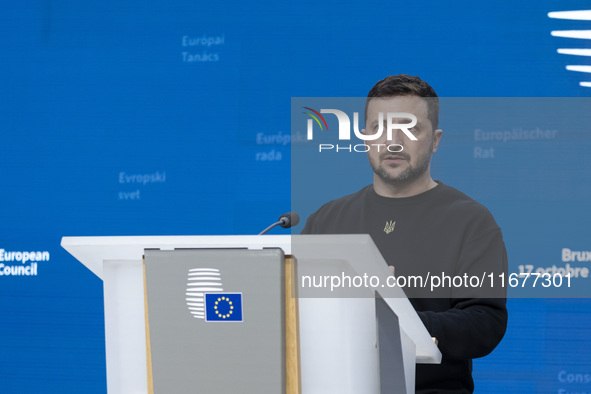 President of Ukraine Volodymyr Zelenskyy addresses a press conference during his visit at the European Council Summit, the EU leaders meetin...