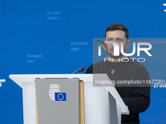 President of Ukraine Volodymyr Zelenskyy addresses a press conference during his visit at the European Council Summit, the EU leaders meetin...