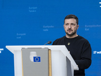 President of Ukraine Volodymyr Zelenskyy addresses a press conference during his visit at the European Council Summit, the EU leaders meetin...