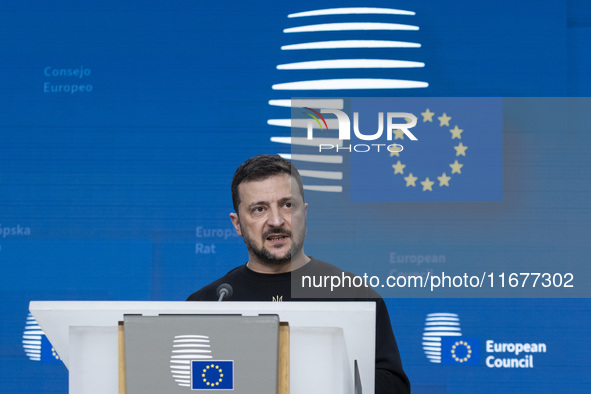 President of Ukraine Volodymyr Zelenskyy addresses a press conference during his visit at the European Council Summit, the EU leaders meetin...