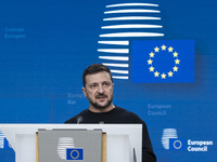 President of Ukraine Volodymyr Zelenskyy addresses a press conference during his visit at the European Council Summit, the EU leaders meetin...