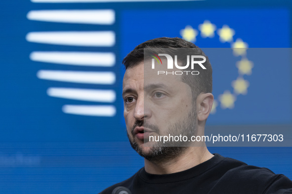 President of Ukraine Volodymyr Zelenskyy addresses a press conference during his visit at the European Council Summit, the EU leaders meetin...