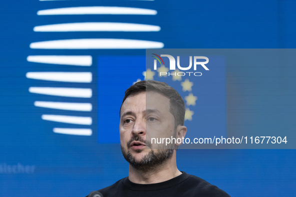 President of Ukraine Volodymyr Zelenskyy addresses a press conference during his visit at the European Council Summit, the EU leaders meetin...