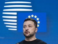 President of Ukraine Volodymyr Zelenskyy addresses a press conference during his visit at the European Council Summit, the EU leaders meetin...