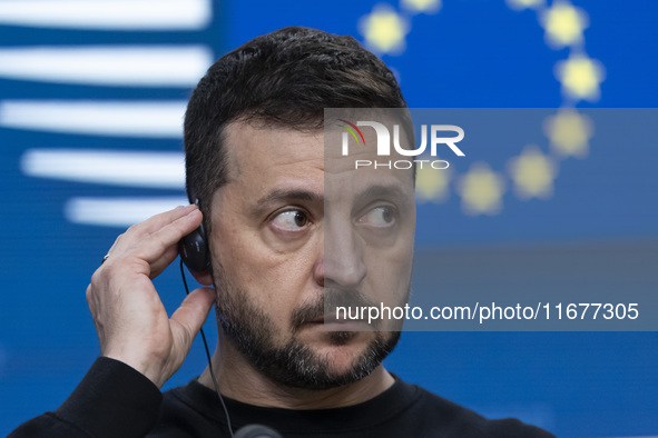 President of Ukraine Volodymyr Zelenskyy addresses a press conference during his visit at the European Council Summit, the EU leaders meetin...