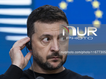 President of Ukraine Volodymyr Zelenskyy addresses a press conference during his visit at the European Council Summit, the EU leaders meetin...