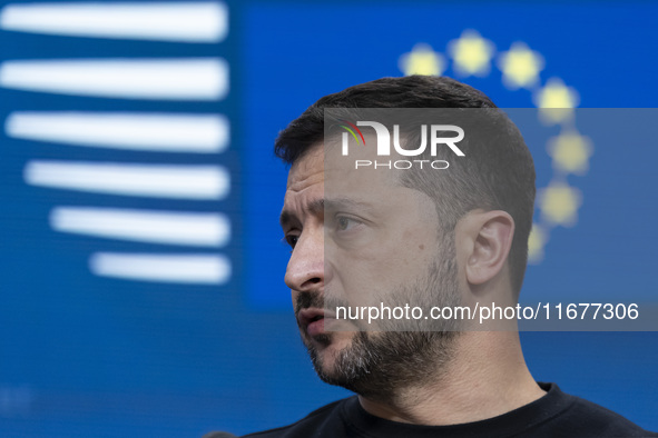 President of Ukraine Volodymyr Zelenskyy addresses a press conference during his visit at the European Council Summit, the EU leaders meetin...