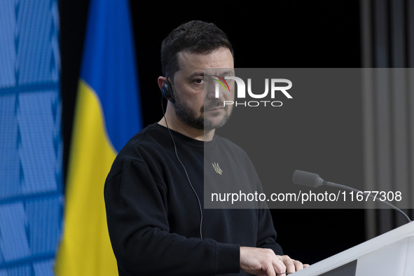 President of Ukraine Volodymyr Zelenskyy addresses a press conference during his visit at the European Council Summit, the EU leaders meetin...